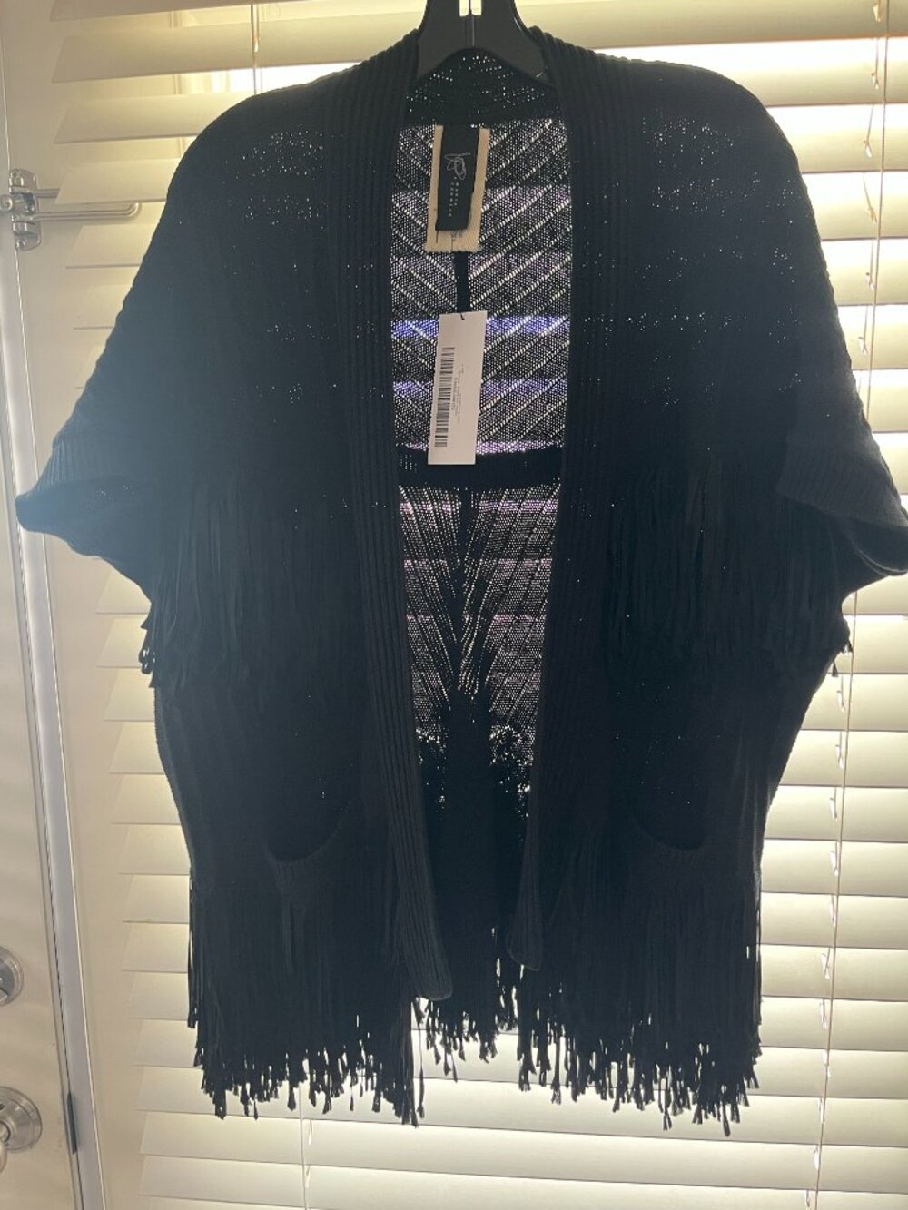 Zero + Maria Cornejo Fringe Hex Shrug in Black, size S - Picture 3 of 11